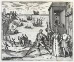 Kolumb przed królową Izabelą i królem Ferdynandem w Palos, rycina Theodore’a de Bry, XVI w