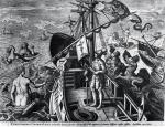 Kolumb na pokładzie „Santa Marii” podczas rejsu przez Atlantyk, rycina niderlandzka, ok. 1600 r.