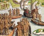 Tubylcy z wysp Bahama i hiszpańskie statki, rycina Theodore’a de Bry, XVI w.