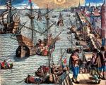 Portugalska flota przybywa z Brazylii do Lizbony, rycina Theodore’a de Bry, XVI w. 