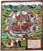 Widok stolicy Azteków Tenochtitlan zdobytej przez Hiszpanów  w 1521 r., rycina, XVI w.