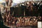 Uwięziony przez Hiszpanów król Azteków Montezuma wzywa Indian do poddania się najeźdźcom, malowidło, szkoła hiszpańska, XVI w. 