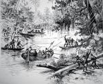 Indianie atakują hiszpańską łódź, litografia, XIX w.