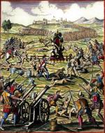  Hiszpanie atakują orszak króla Inków Atahualpy pod Cajamarką w 1532 r., rycina hiszpańska, XVI w. 
