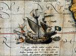 Okręt „Victoria” na Pacyfiku, rycina z atlasu Abrahama Orteliusa, 1580 r. 