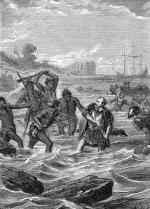 Magellan ginie z rąk tubylców na Mactan, 27 kwietnia 1521 r., rycina francuska, XIX w.