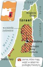 Palestyna ma się składać ze Strefy Gazy i Zachodniego Brzegu. Część żydowskich osie- dli z tego terytorium zostanie jednak włączona do Izraela. ∑