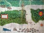 Żołnierze i okręty Drake'a szturmują hiszpańską kolonię  St. Augustine na Florydzie w  1586 r., rycina z epoki 