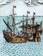 Drake zdobywa hiszpański statek ze skarbami na Pacyfiku, rycina z epoki 