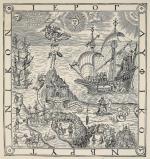 Alegoryczny wizerunek Anglii i jej floty, rycina z dzieła Johna Dee, 1577 r.  