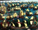 Hiszpańska Niezwyciężona Armada płynie ku brzegom Anglii, rycina z epoki 