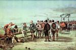 Angielscy dworacy i wojsko oczekują na brzegu na przybycie wroga, itografia, XIX w.  