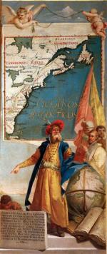 Cabot na tle mapy wschodniego wybrzeża Ameryki Północnej, mal. Giustino Menescardi, XVIII w.