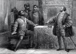 Uwięziony Franciszek I podpisuje w Madrycie traktat z Hiszpanią, 14 stycznia 1526 r., rycina hiszpańska, XIX w. 