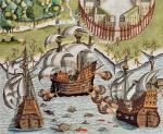 Starcie okrętu francuskiego z eskadrą portugalską  pod Potiguaran w Brazylii, ryc. Theodore’a de Bry, 1592 r. 