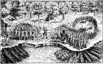 Starcie wyprawy deChamplaina z  Huronami, rycina, 1624 r.