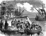 Holenderscy osadnicy osiedlają się na wyspie Manhattan (dziś to serce Nowego Jorku), rycina z epoki  