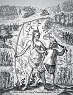 Kpt. John Smith, założyciel kolonii Jamestown w Wirginii, bierze do niewoli indiańskiego wodza, rycina, 1624 r