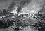 Indianie palą angielską osadę w 1637 r., rycina z epoki 