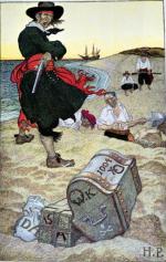 Pirat William Kidd zakopuje skarby na Oak Island, rys. Howard Pyle, XIX w. 