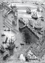 Oblężenie La Rochelle, na pierwszym planie tama blokująca wejście do portu, litografia, XIX w. 