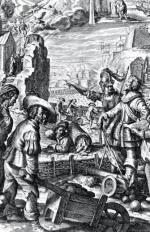 Ludwik XIII zagrzewa żołnierzy do prac oblężniczych pod La Rochelle, rycina z epoki 