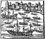 Atak czajek Konaszewicza-Sahajdacznego na Kaffę, rycina z 1622 r. 