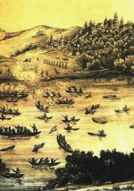 Kozackie czajki rozbijają flotyllę litewską na Dnieprze w 1648 r., fragment  ryciny Abrahama van Westervelda, 1651 r. 