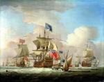 Brytyjski okręt liniowy w otoczeniu jednostek handlowych, mal. Peter Momany, ok. 1730 r. 