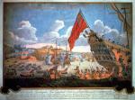 Brytyjczycy oblegają francuską twierdzę Louisbourg, rycina, XVIII w. 