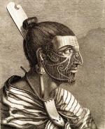 Wytatuowany mieszkaniec Nowej Zelandii, rycina z opisu pierwszej wyprawy Cooka  