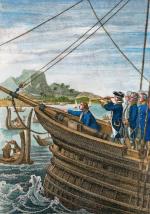 Cook przybywa do portu Royal na Tahiti w kwietniu 1769 r.,  rycina, XIX w