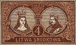 Znaczek z Jadwigą i Jagiełłą wydany przez pocztę Litwy Środkowej 