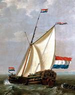 Jacht pod  banderą holenderskiej Zjednoczonej Kompanii Wschodnioindyjskiej,  fragment obrazu  Jacoba van Stijna, 1790 r.