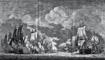 Starcie konwoju holenderskiego i brytyjskiego na ławicy Dogger Bank w 1781 r., rycina z epoki  