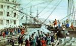 Tzw. herbatka bostońska – bostończycy wyrzucają do wody transport herbaty w proteście przeciwko wysokim cłom, 16 grudnia 1773 r., litografia  z 1846 r. 