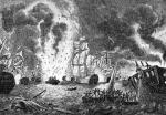 Bitwa pod Abukirem – eksplozja francuskiego flagowca „L'Orient”, rycina niemiecka, XIX w.