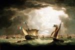 Okręty hiszpańskie i francuskie uciekają do Kadyksu po klęsce pod Trafalgarem, mal. Thomas Buttersworth