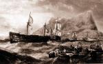Po bitwie – uszkodzone okręty brytyjskie zmagają się ze sztormem na redzie Gibraltaru  