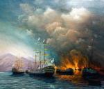 Tureckie brandery atakują rosyjski okręt liniowy „Azow”, mal. Aleksander Trebuszew, 1827 r.