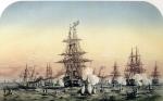 Cesarz Francji Napoleon III odwiedza w Calais brytyjską eskadrę odpływającą na Morze Czarne, litografia, 1854 r. 