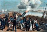 Brytyjska eskadra ostrzeliwuje rosyjską twierdzę Bomarsund na Wyspach Alandzkich w 1854 r., litografia z epoki
