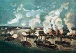 Okręty pancerne Unii ostrzeliwują pozycje konfederatów nad rzeką Missisipi, 1862 r.