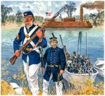 W 1851 r. pojawił się bezwzględnie najsłynniejszy kapiszonowy rewolwer Colta – model Navy. Trzyma go oficer piechoty morskiej USA (z tyłu); przed nim żołnierz z karabinem kapiszonowym