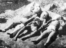 Zamordowani w Katerynówce (pow. Łuck) – synowie małżeństwa Gwiazdowskich i (w środku) Stasia Stefaniak, córka Polaka i Ukrainki, z rozprutym brzuchem i połamanymi kończynamiBigger