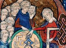Kobieta nauczająca geometrii, ilustracja ze średniowiecznego tłumaczenia „Elementów” Euklidesa (ok. 1310 r.)Bigger