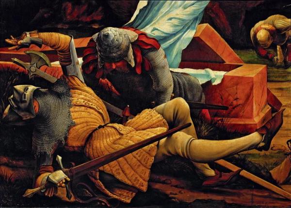 Matthias Grunewald „Żołnierze strzegący grobu Chrystusa, w chwili Zmartwychwstania”.  Fragment otłarza z Insenheim. (ok. 1512-1516)