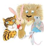 Ilustracja  Andrzeja Dudzińskiego z„The Lion and the Mouse”  Mathildy Storm. Houghton  Mifflin  Company 1982