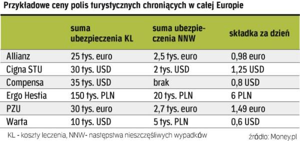 przykładowe ceny polis turystycznych chroniących w całej europie