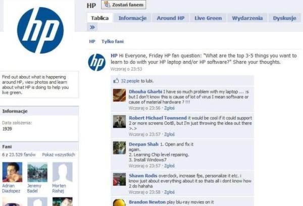 Strona firmy HP na Facebooku. Firma wypytuje konsumentów o 3-5 rzeczy, których chcieliby się dowiedzieć lub zrobić z laptopem/oprogramowaniem HP. Internauci żywo zareagowali na zadane pytanie